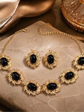 Gold-Tone Black Stone Statement Necklace Set - Women Jewelry